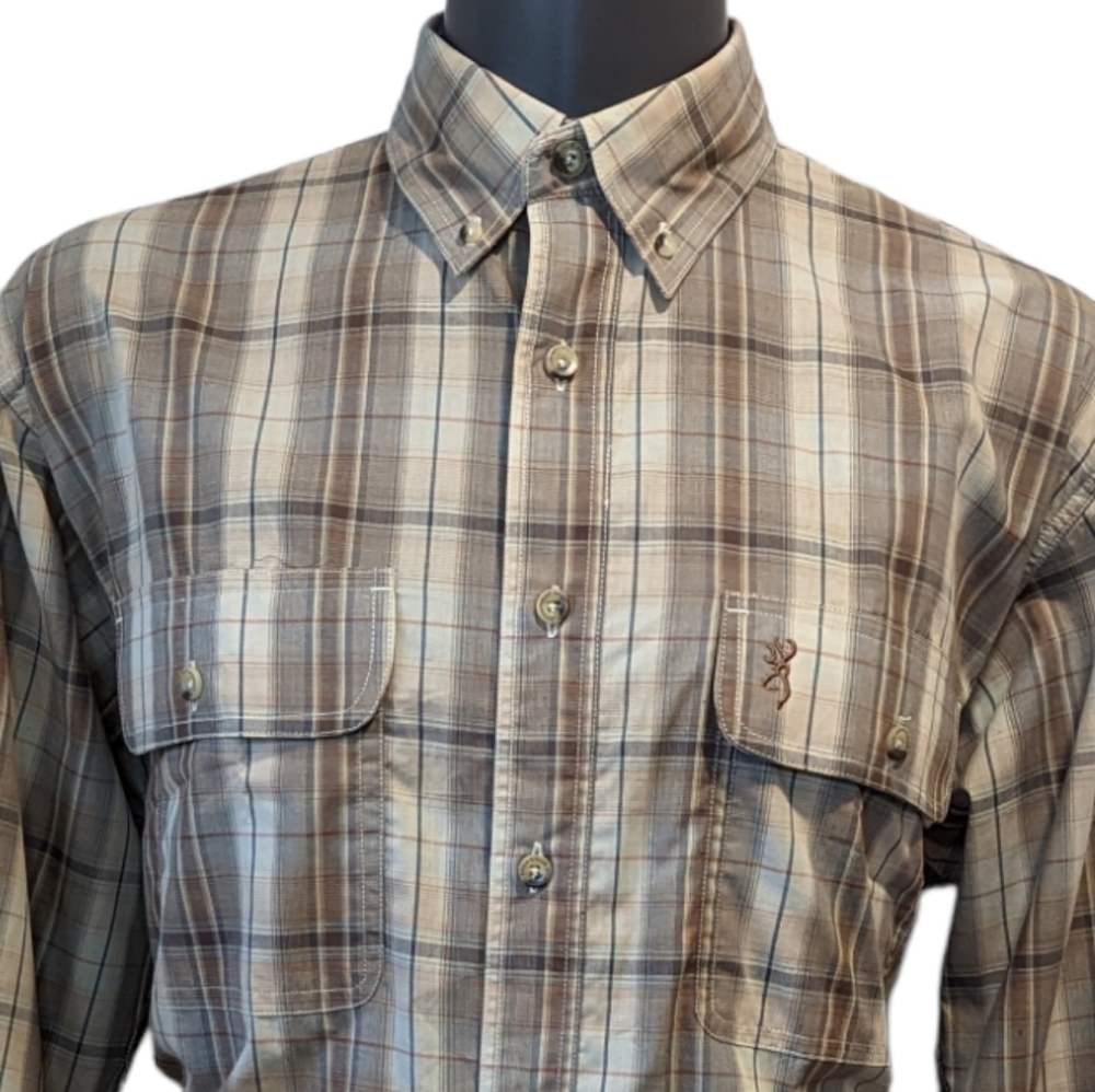 BROWNING tan plaid button down shirt large